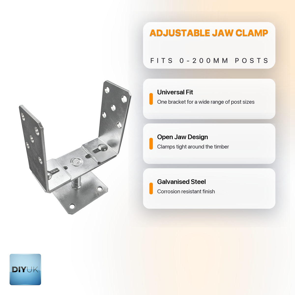 Adjustable Metal Post Support Bracket 0-200mm | Heavy-Duty Decking &amp; Fence Anchor - DIYUK infographic, key features