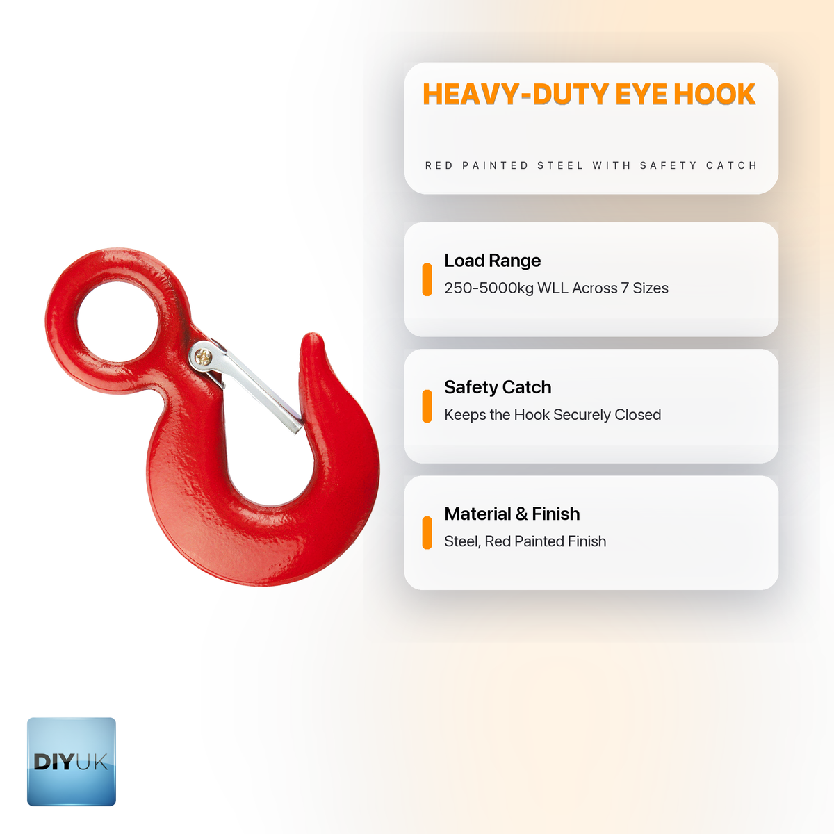 Heavy Duty Red Steel Eye Hook with Safety Catch - DIYUK infographic, key features