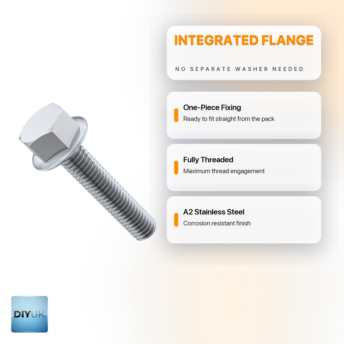 DIYUK A2 stainless steel flanged hex head bolts infographic: integrated flange, no separate washer needed; one-piece fixing, ready to fit straight from the pack; fully threaded for maximum thread engagement; A2 stainless steel, corrosion resistant finish
