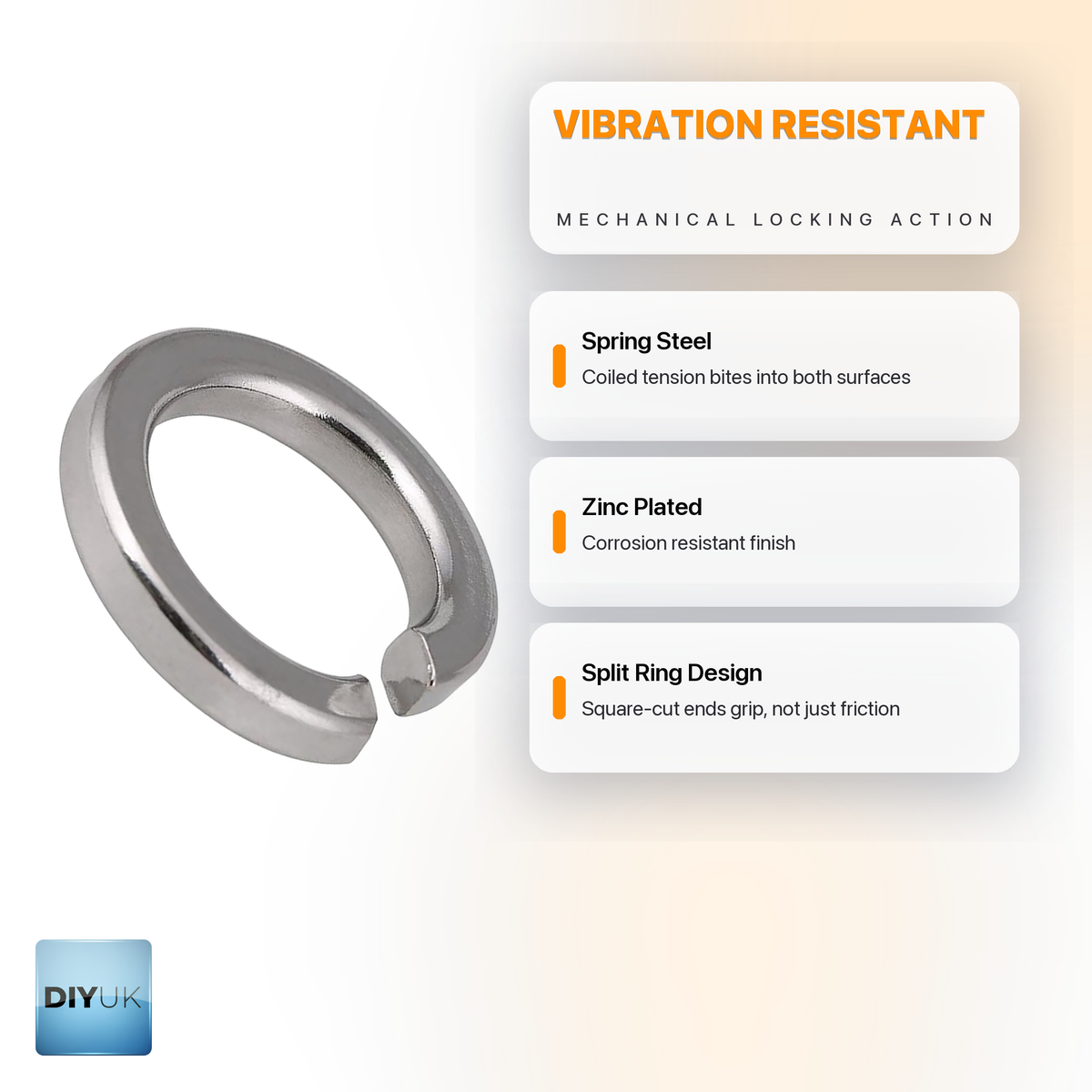 DIN 127B Split Lock Washers - Zinc Plated Spring Steel - DIYUK infographic, key features