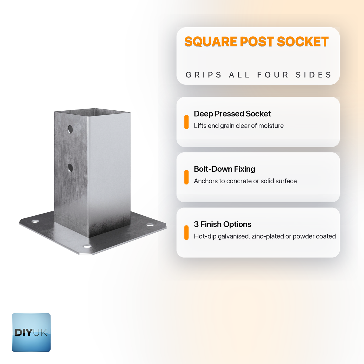 Heavy Duty Galvanised Bolt Down Square Fence Post Support Bracket - DIYUK infographic, key features