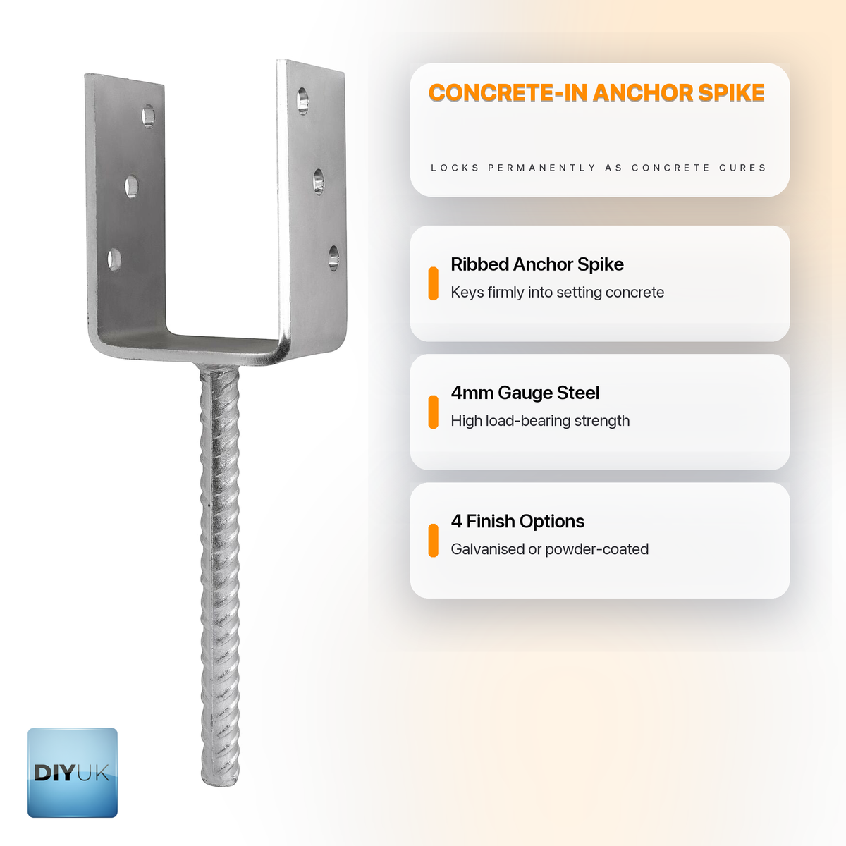 Heavy Duty U-Shape Post Support Base Bracket – Concrete-In Anchor - DIYUK infographic, key features