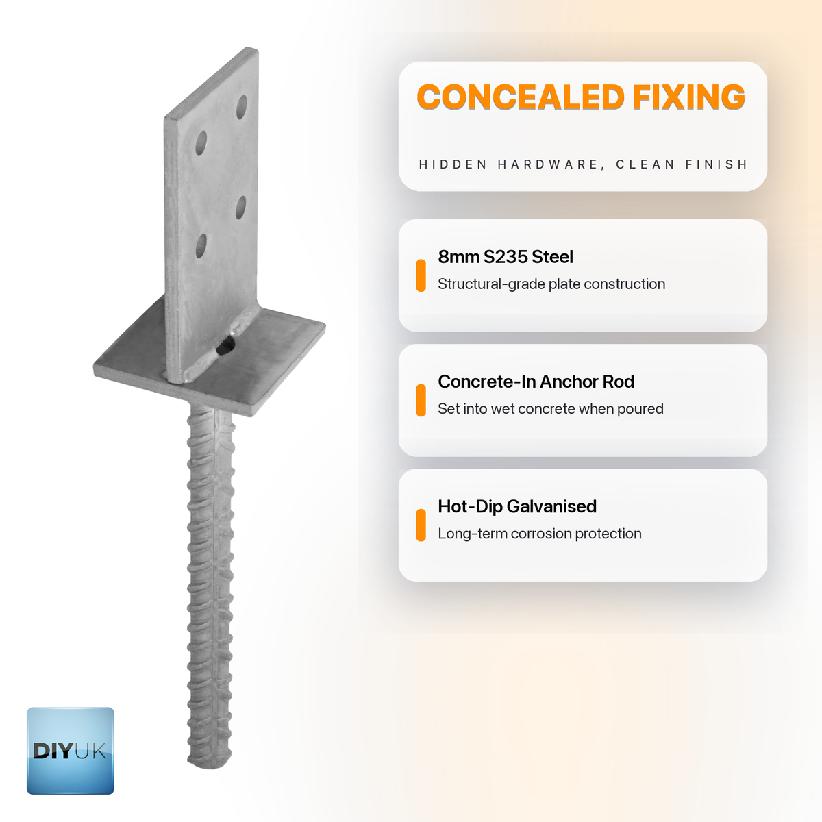 Heavy Duty Galvanised Concealed Post Support Bracket for Fences & Pergolas - DIYUK infographic, key features