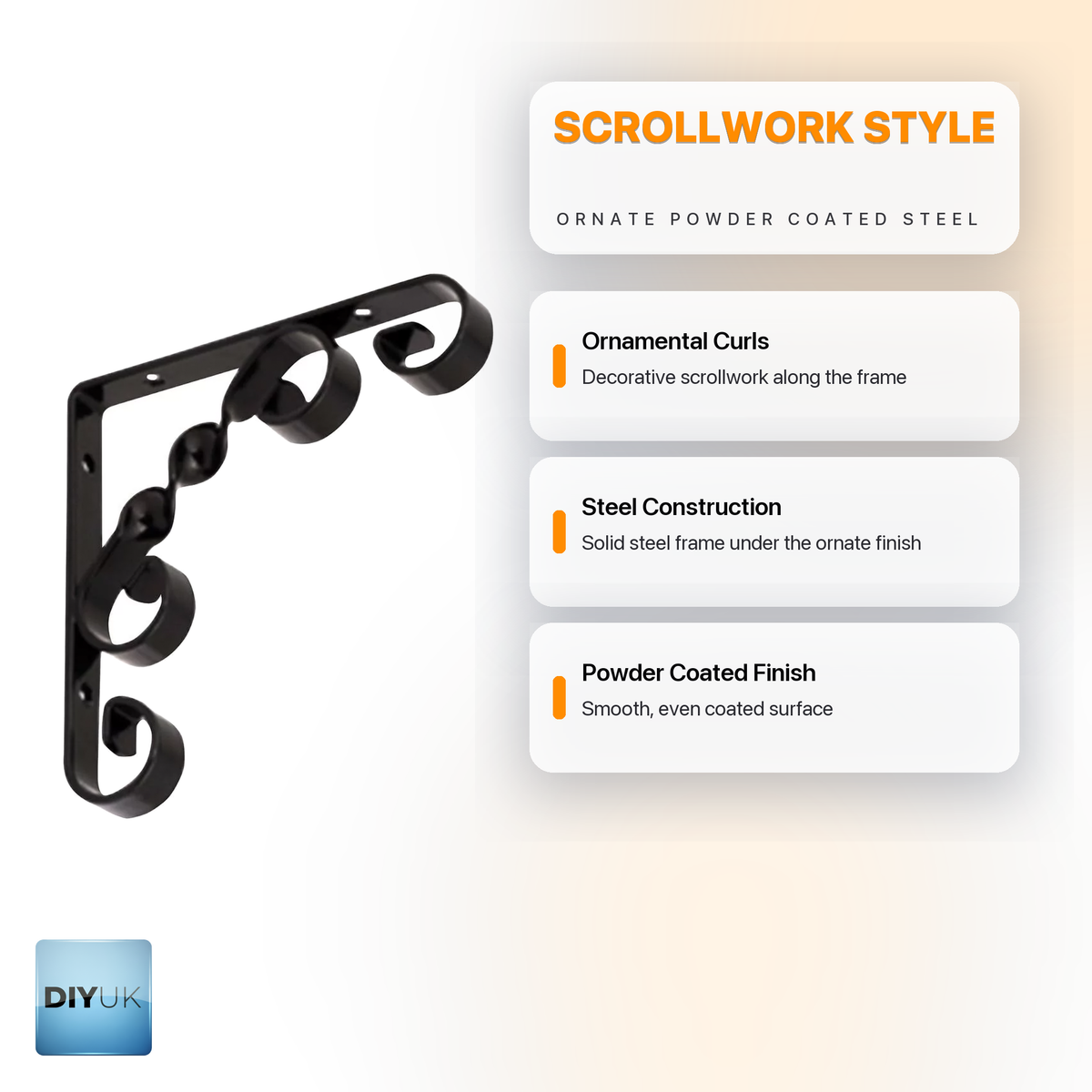 Heavy Duty Decorative Metal Shelf Brackets - Ornamental Wall Support - DIYUK infographic, key features