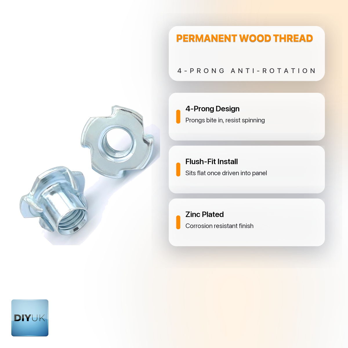 DIYUK 4-Prong T-Nuts, White Zinc Plated Tee Nuts, key features: permanent wood thread, anti-rotation prongs, flush fit