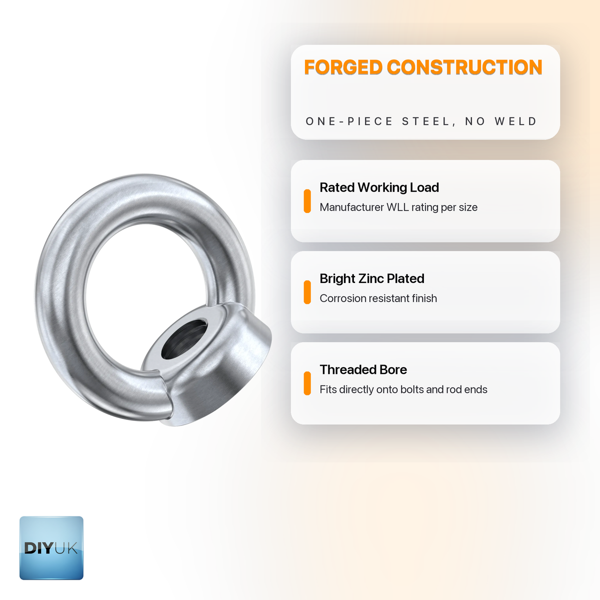 Heavy Duty Forged Lifting Eye Nut - DIN 582 Bright Zinc Plated - DIYUK infographic, key features