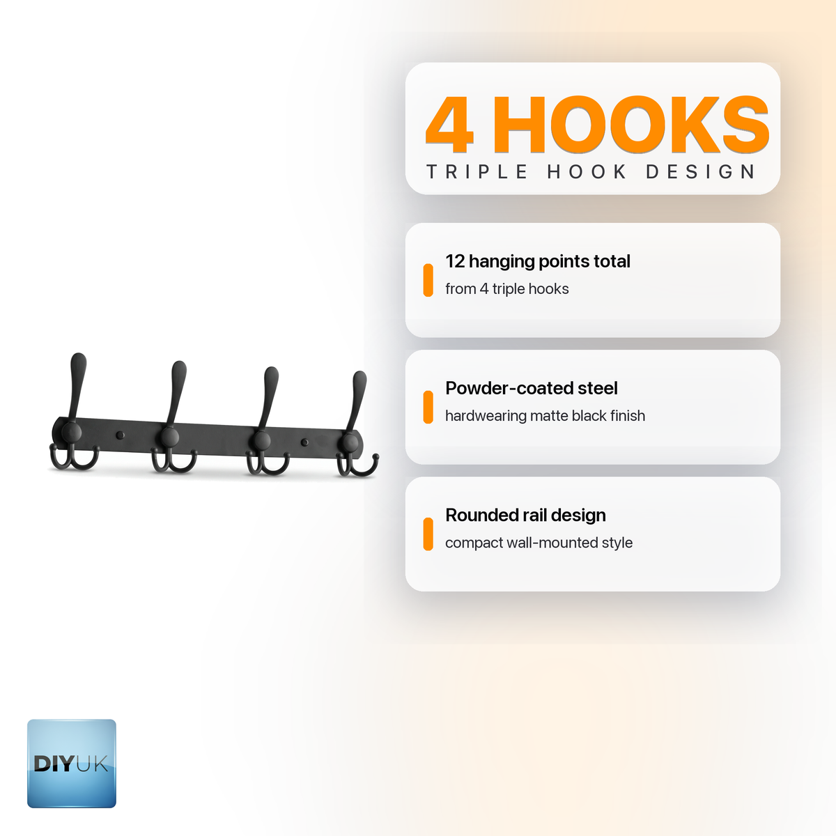 4-hook black wall coat rack - DIYUK infographic, key features