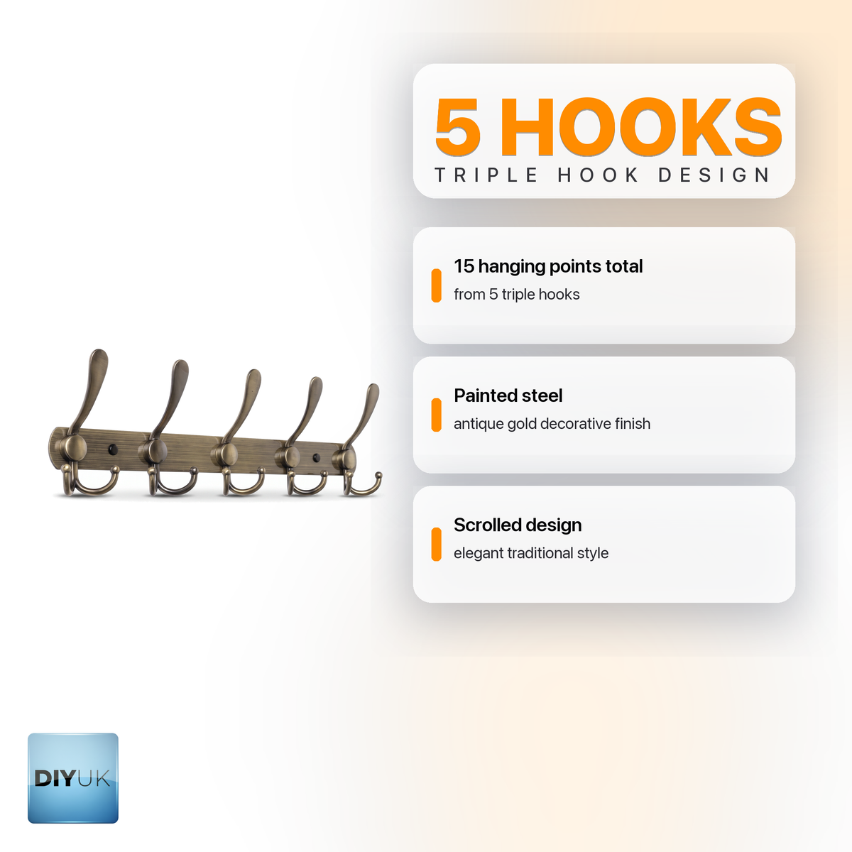 5-hook antique gold wall coat rack - DIYUK infographic, key features