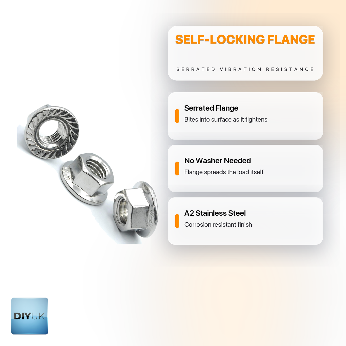 A2 Stainless Steel Serrated Flange Nuts - DIN 6923 Locking Nuts - DIYUK infographic, key features