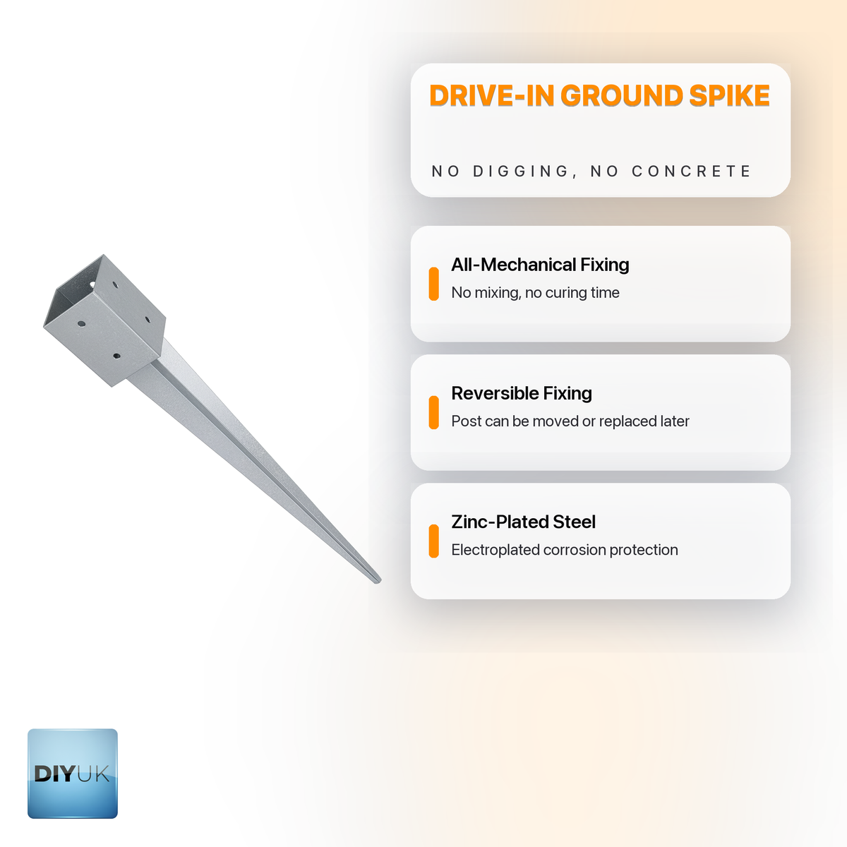 Heavy Duty Zinc-Plated Drive-In Fence Post Support Spike - DIYUK infographic, key features