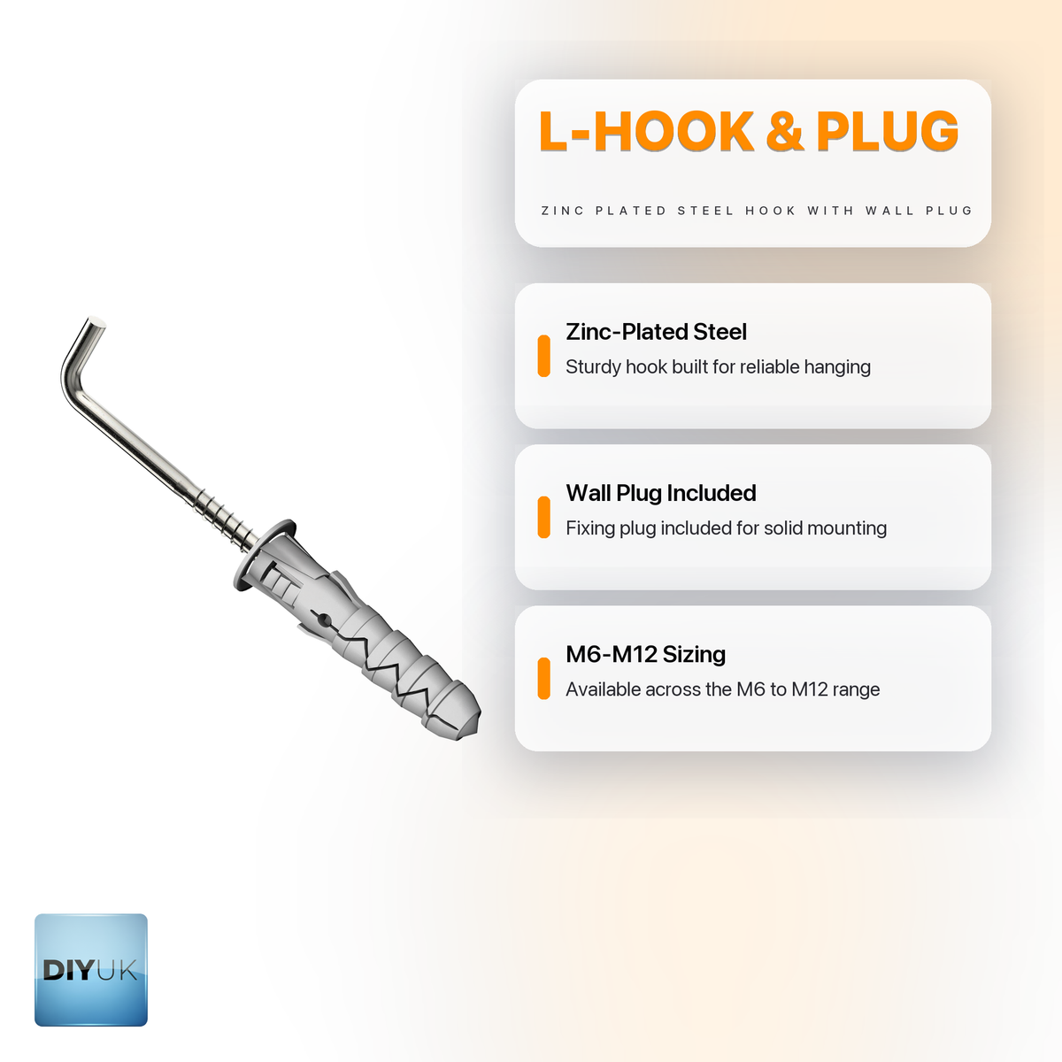 Heavy Duty L-Shaped Square Hook Screws with Wall Plugs - DIYUK infographic, key features