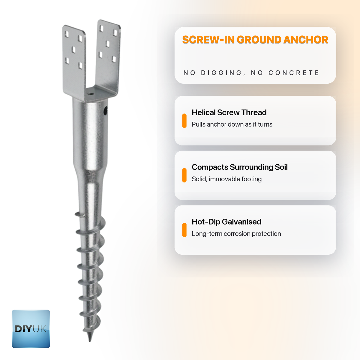 Heavy Duty Fence Post Spike Ground Screw Anchor Support - DIYUK infographic, key features