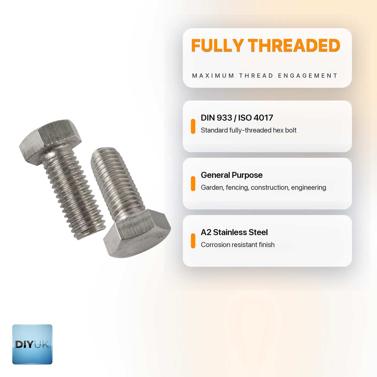 DIYUK A2 Stainless Steel Hexagon Head Bolts, DIN 933 / ISO 4017 infographic: fully threaded, general purpose, corrosion-resistant A2 stainless steel