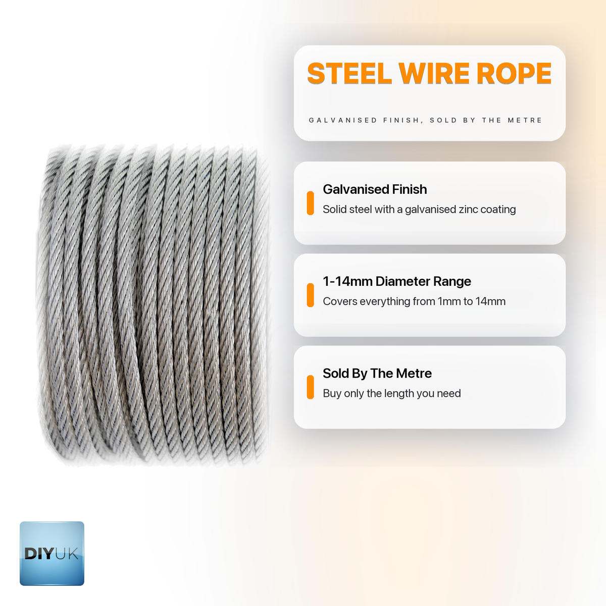 Premium Galvanised Steel Wire Rope Cable - Heavy Duty - DIYUK infographic, key features