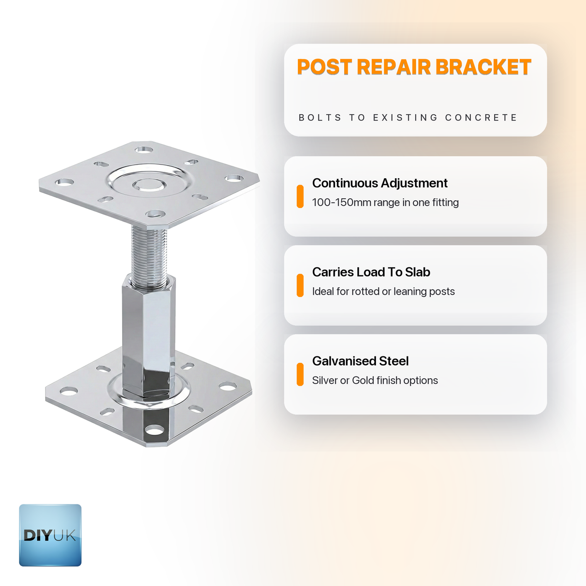 Heavy Duty Adjustable Fence Post Support Bracket (100-150mm) - Bolt Down Galvanised Base - DIYUK infographic, key features