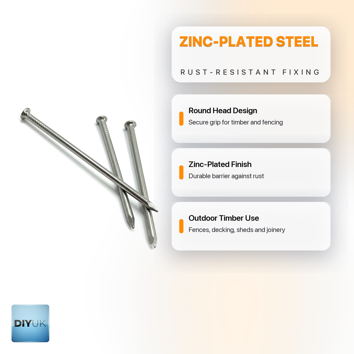 DIYUK Galvanised Zinc-Plated Round Head Nails for Wood, Corrosion Resistant for Outdoor Timber, infographic, key features