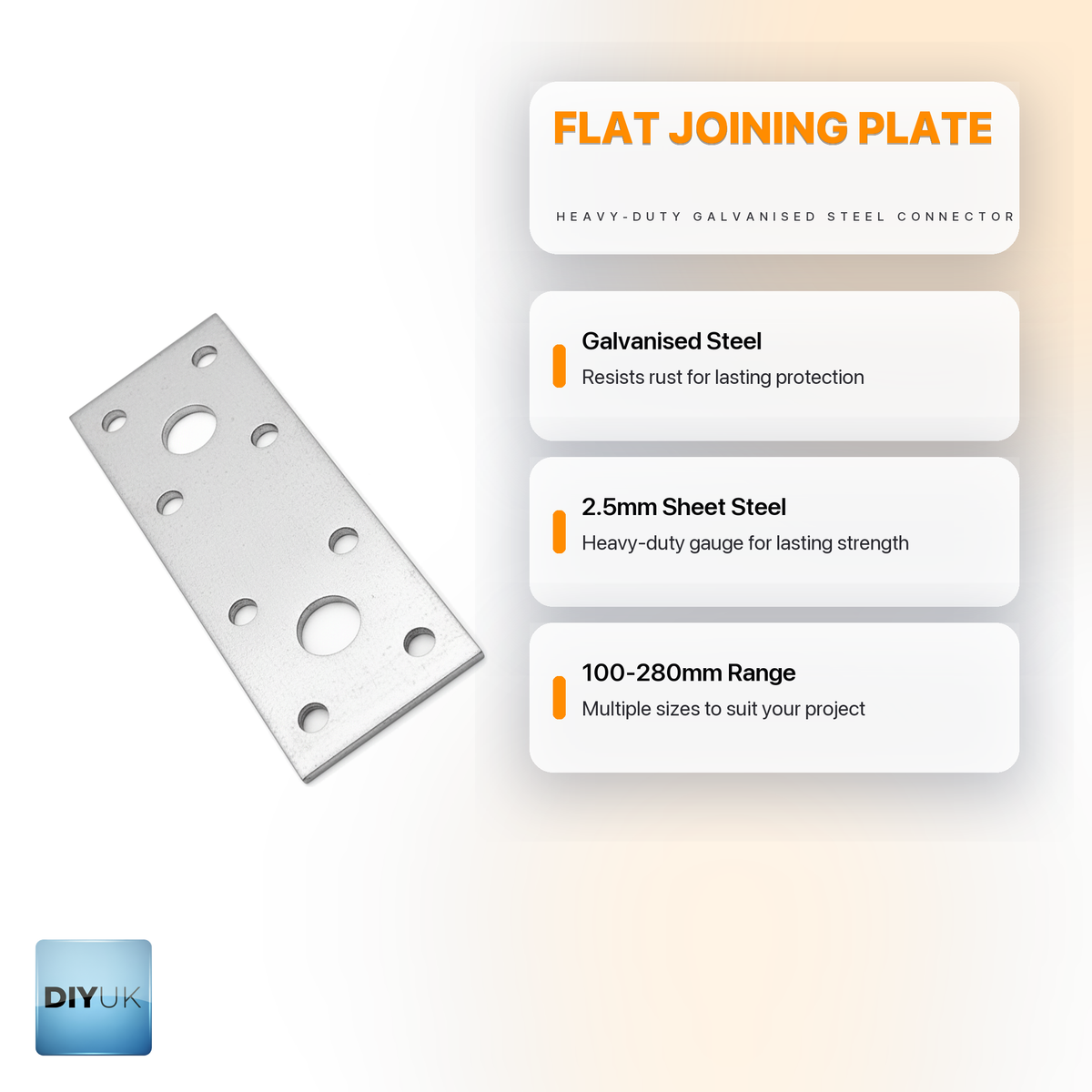 Flat Joining Plate 2.5mm Heavy Duty Galvanised Steel - DIYUK infographic, key features