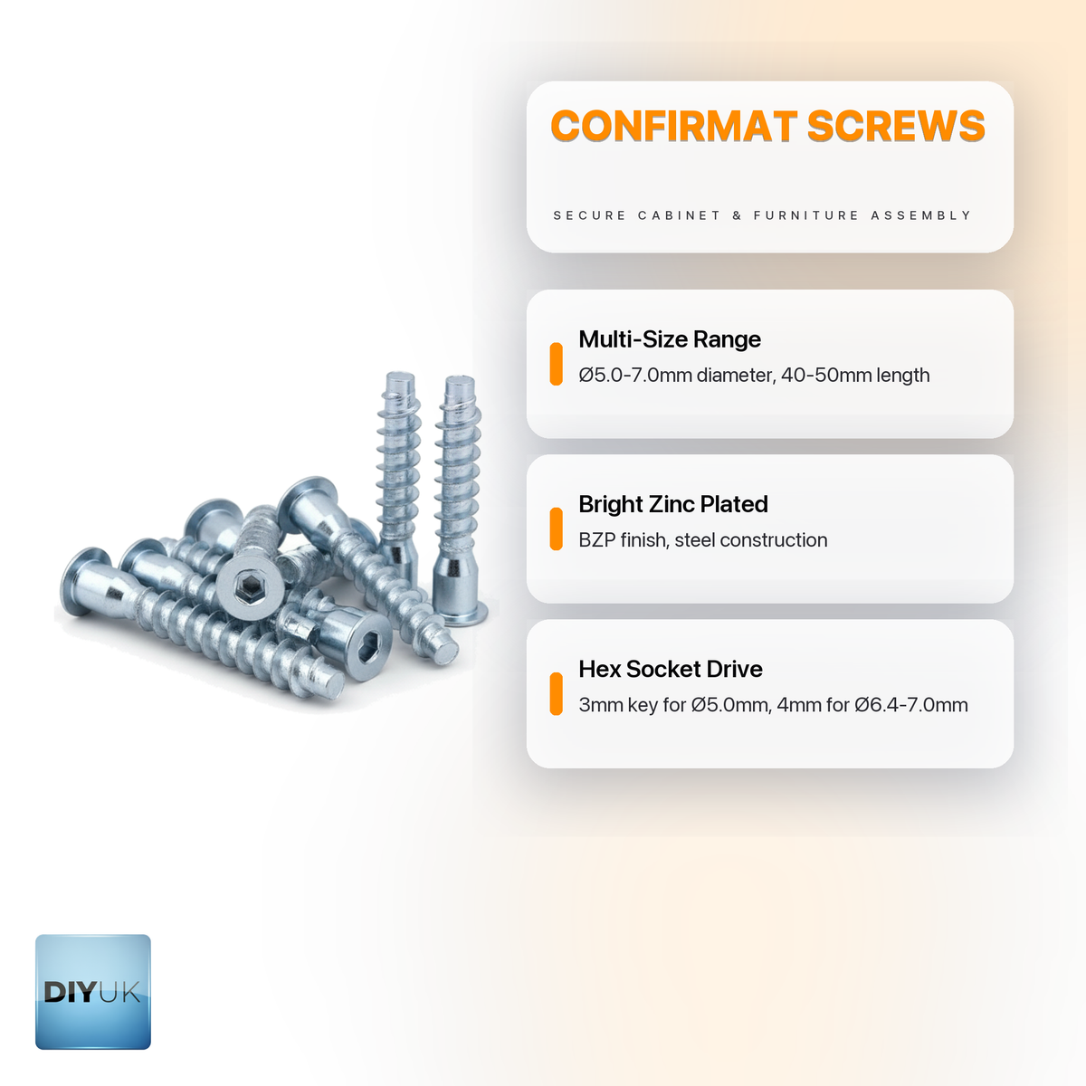 DIYUK confirmat screws infographic: multi-size range, 5.0-7.0mm diameter and 40-50mm length; bright zinc plated (BZP) steel; hex socket drive, 3mm key for 5.0mm and 4mm key for 6.4-7.0mm screws
