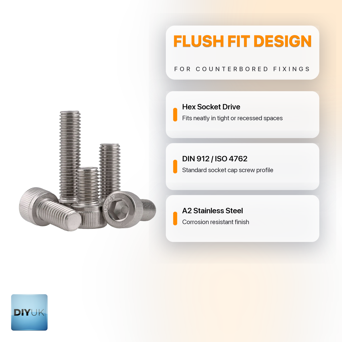 DIYUK infographic: flush fit design for counterbored fixings, hex socket drive, DIN 912 / ISO 4762, A2 stainless steel
