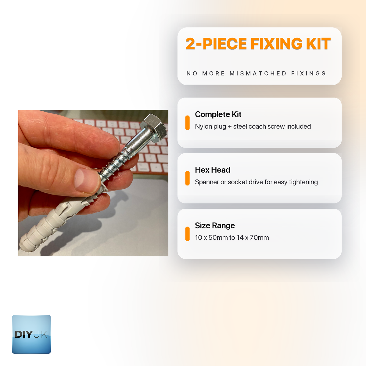 Heavy Duty Nylon Wall Plug & Hex Coach Screw Fixing Kit - DIYUK infographic, key features