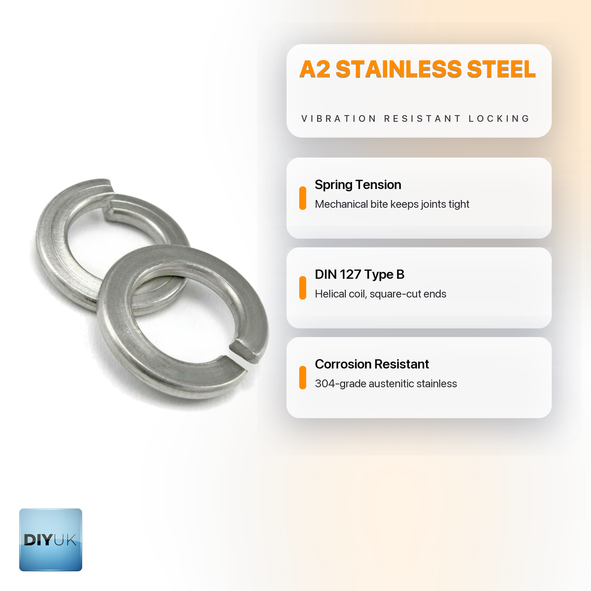 A2 Stainless Steel Split Lock Spring Washers - DIN 127B (M2-M22) - DIYUK infographic, key features