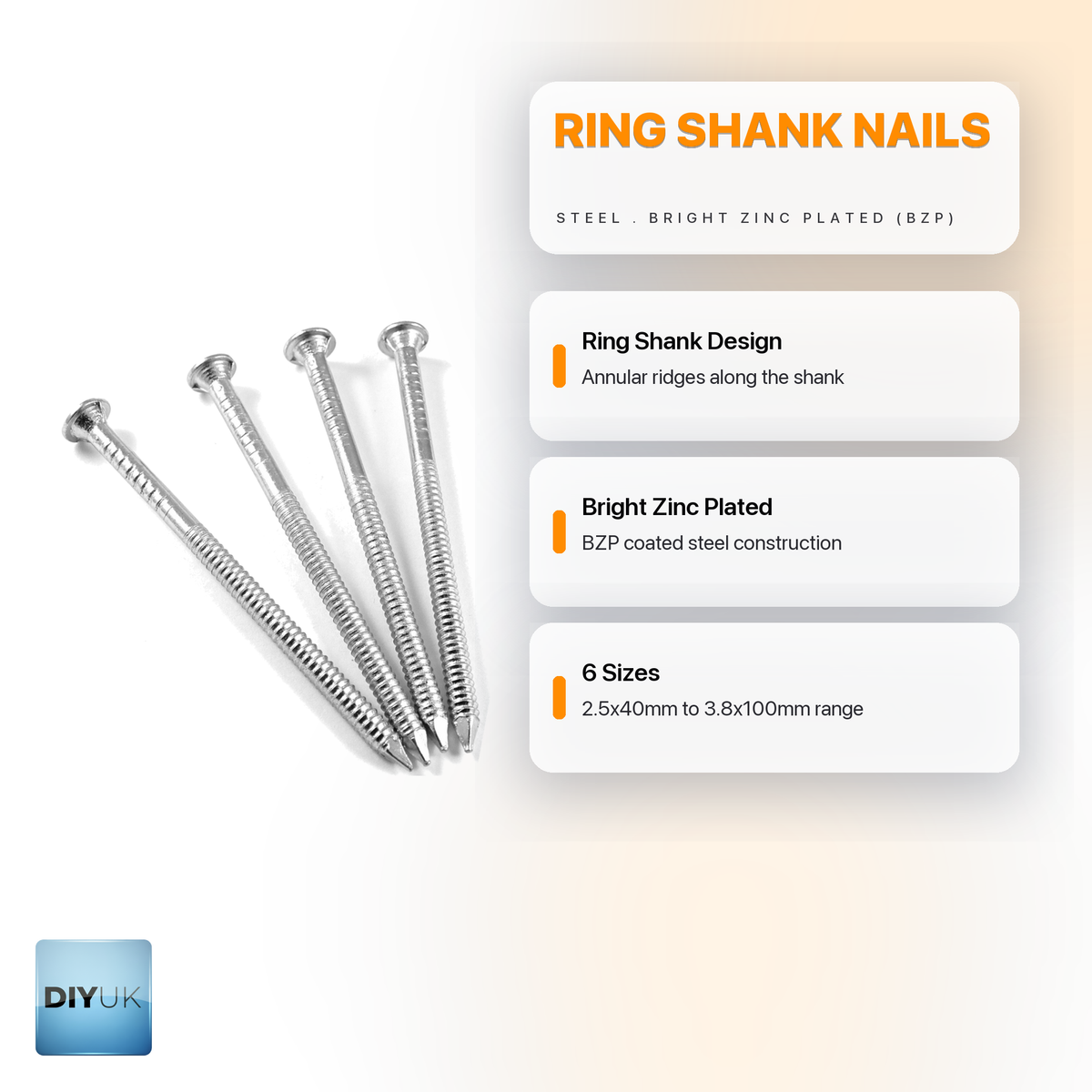 Galvanised Annular Ring Shank Nails - BZP Timber & Decking Nails - DIYUK infographic, key features