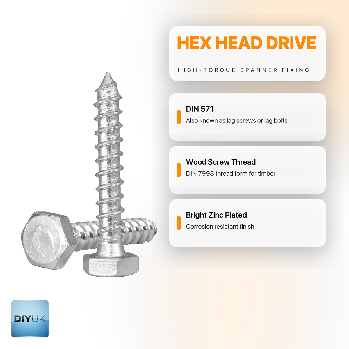 M12 (12mm) Hex Head Coach Screws - Heavy Duty BZP Timber Fasteners - DIYUK infographic, key features