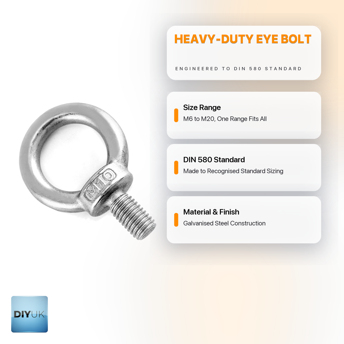 Heavy Duty Galvanised Lifting Eye Bolt - Male Thread (DIN 580) - DIYUK infographic, key features