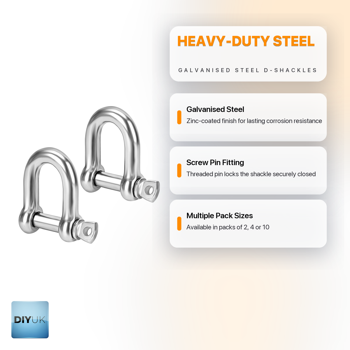 Heavy Duty Galvanised Steel D Shackles with Screw Pin Lock - DIYUK infographic, key features