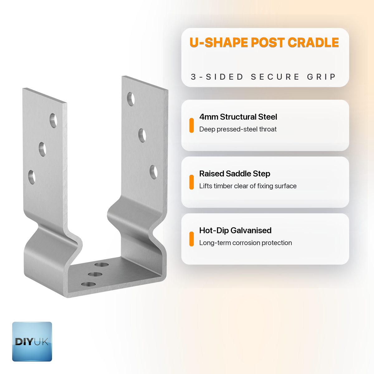 Heavy Duty 4mm Zinc-Plated U-Shape Bolt Down Fence Post Support Bracket - DIYUK infographic, key features