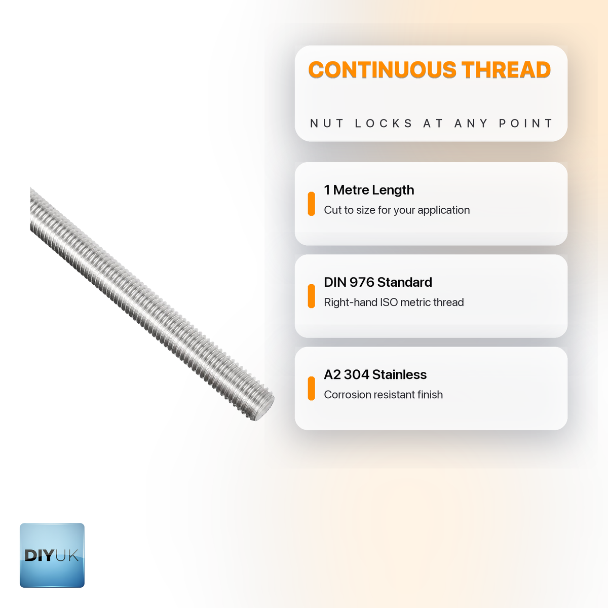 1m Fully Threaded Rod A2 Stainless Steel DIN 976 Stud Bolt - DIYUK infographic, key features