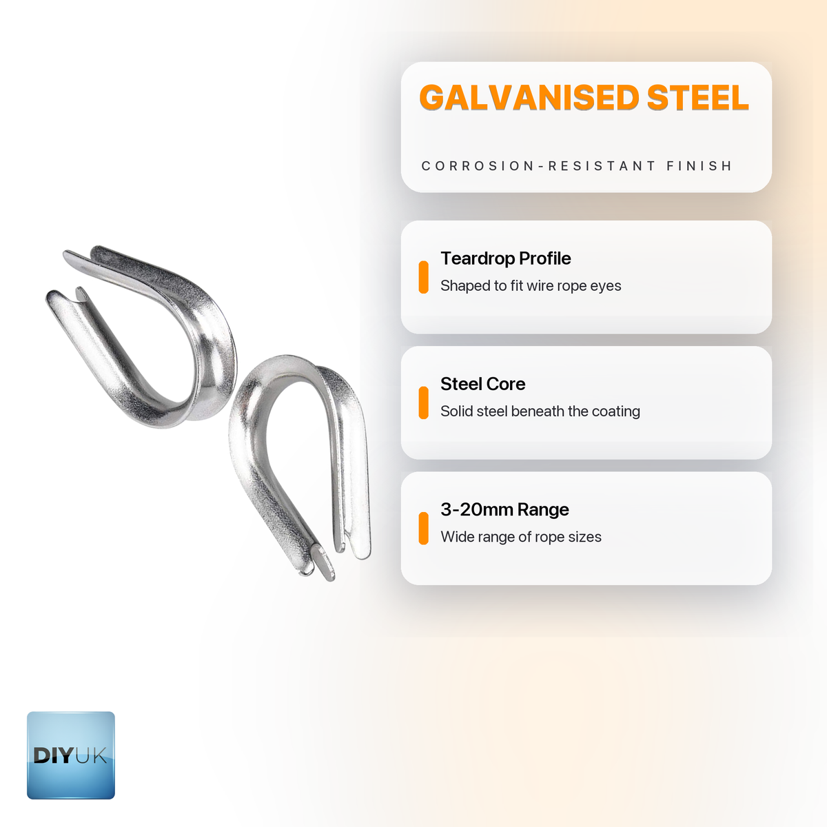Galvanised Steel Wire Rope Thimble DIN 6899 B - DIYUK infographic, key features