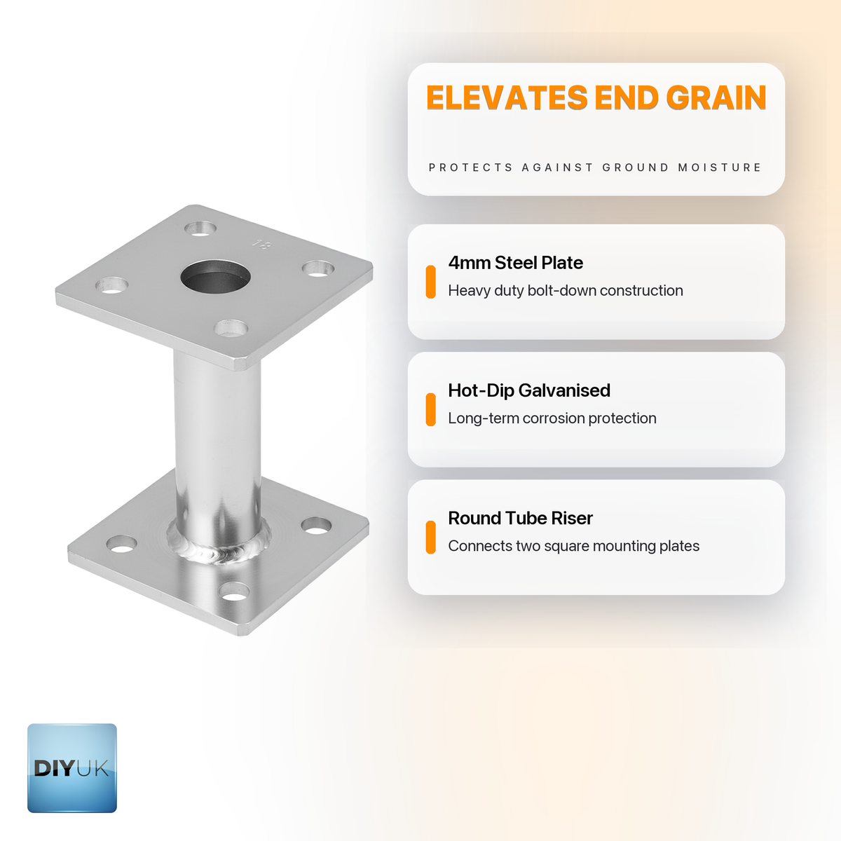 Heavy Duty 4mm Galvanised Elevated Bolt-Down Post Base Bracket - DIYUK infographic, key features
