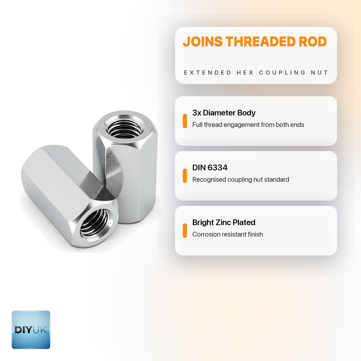 DIYUK DIN 6334 hex coupling nuts infographic: joins threaded rod, extended hex coupling nut, bright zinc plated