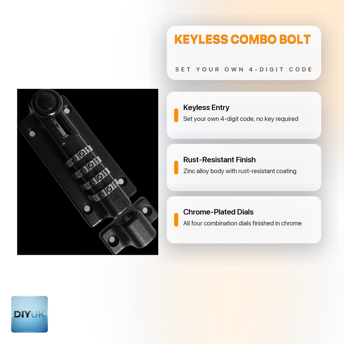 4-Digit Keyless Combination Security Locking Bolt for Gates & Sheds - DIYUK infographic, key features