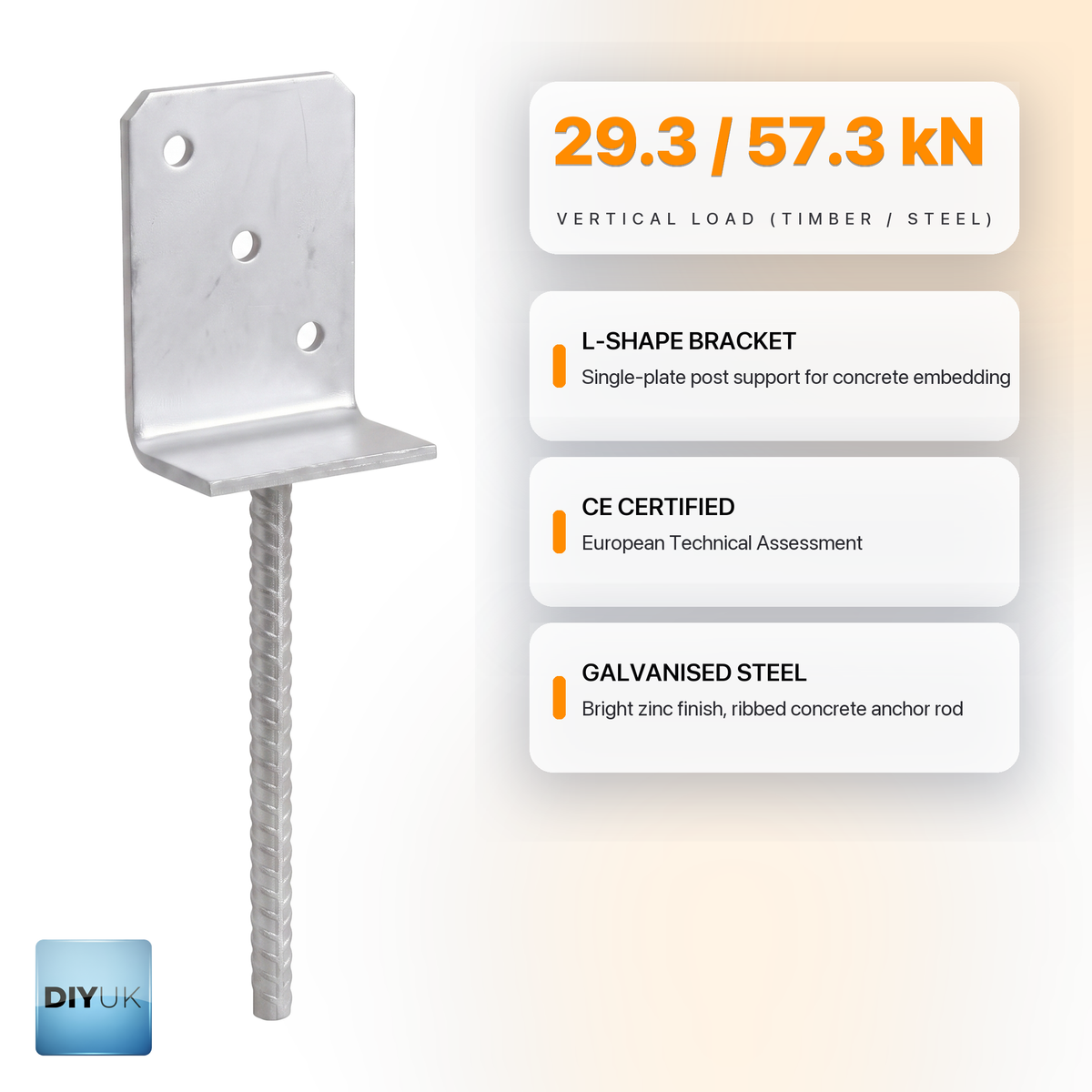 L-shape concrete-in post support key features, 29.3 / 57.3 kN vertical load, CE marked - DIYUK