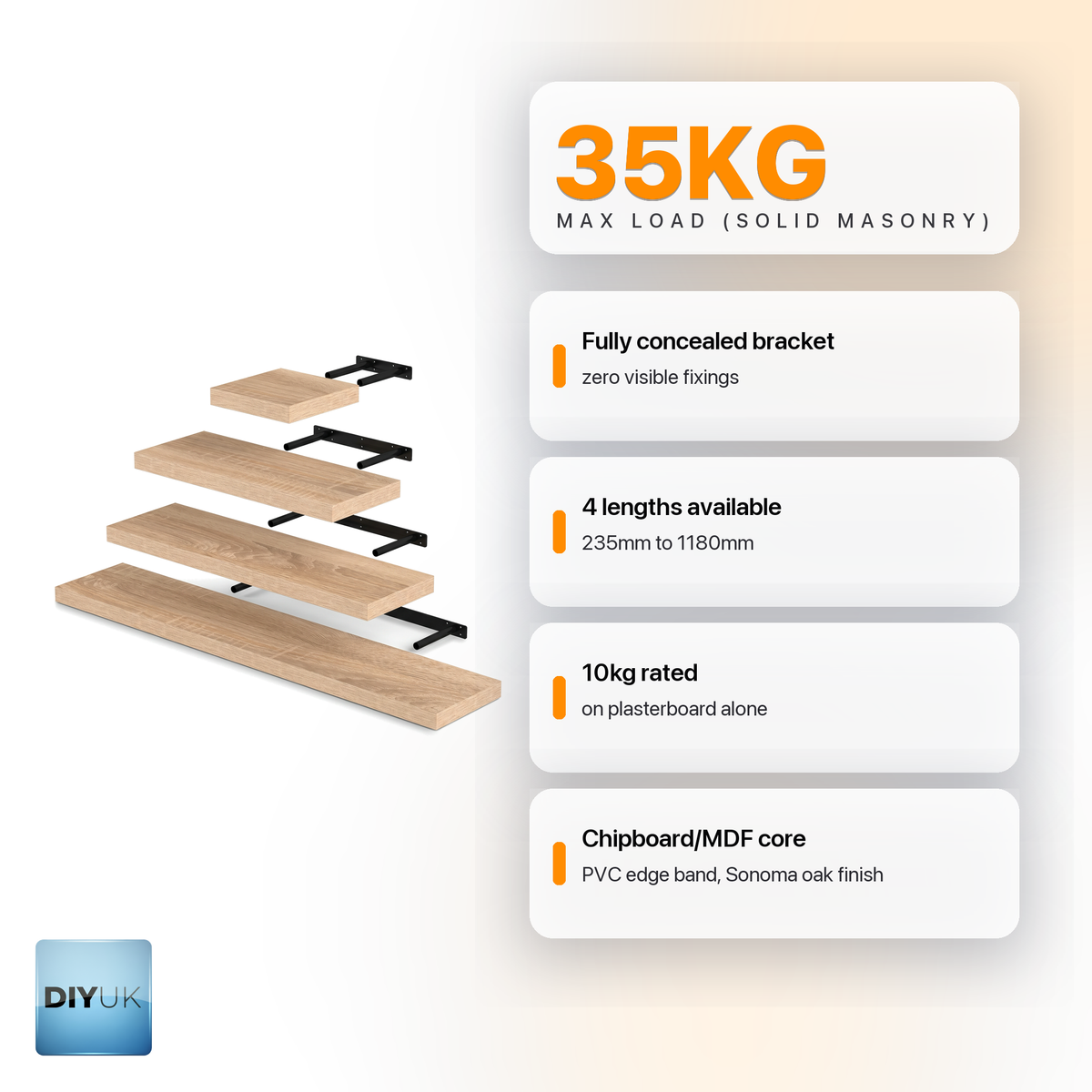 Floating wall shelf sonoma oak - DIYUK infographic, key features
