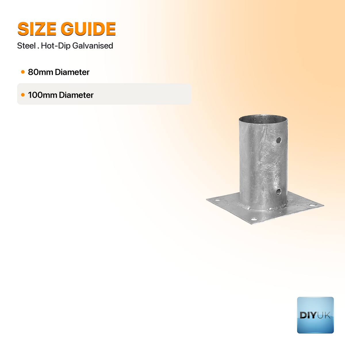 Galvanised Bolt Down Round Post Support Base - specification table