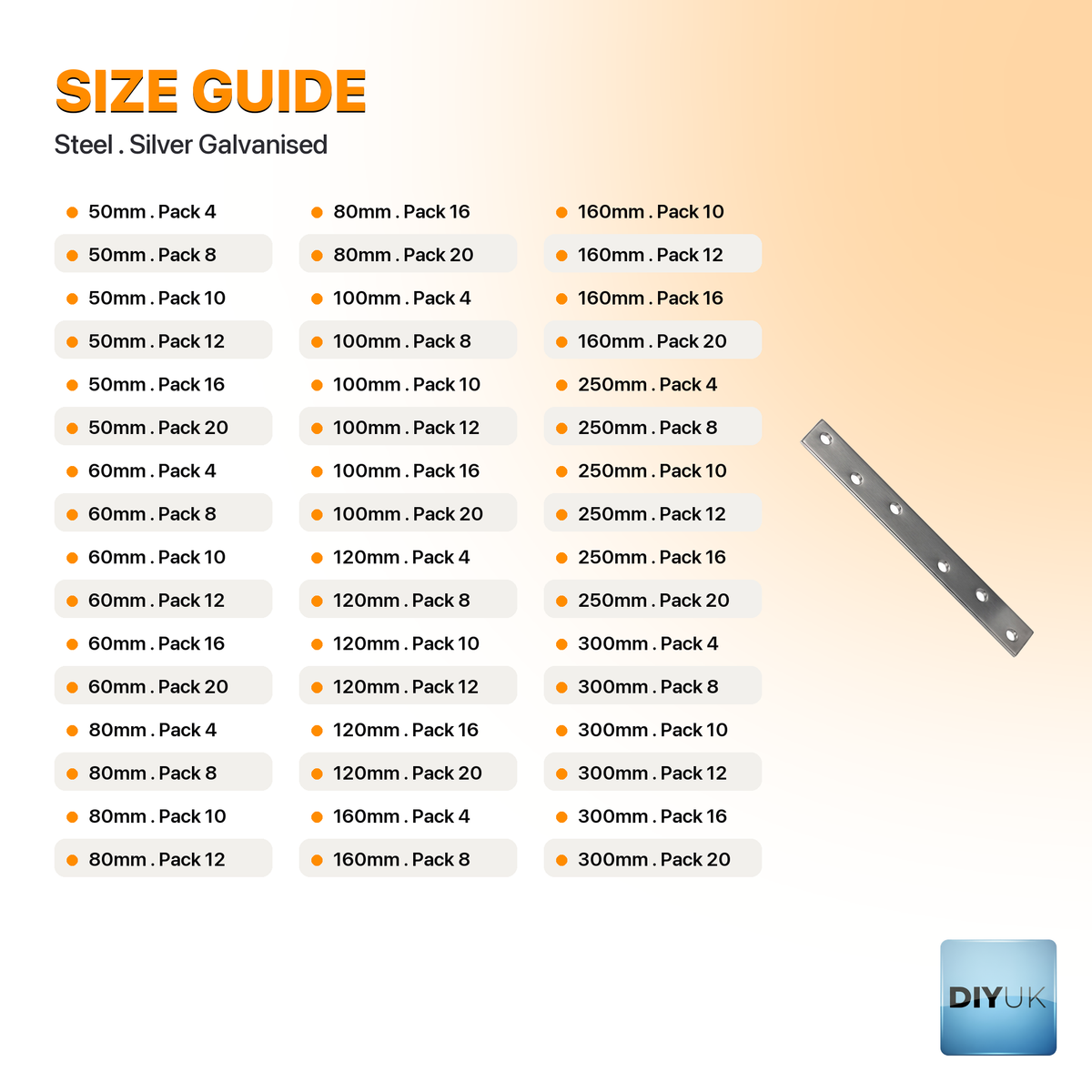 Galvanised Narrow Flat Bracket | Heavy Duty Mending Plate - specification table