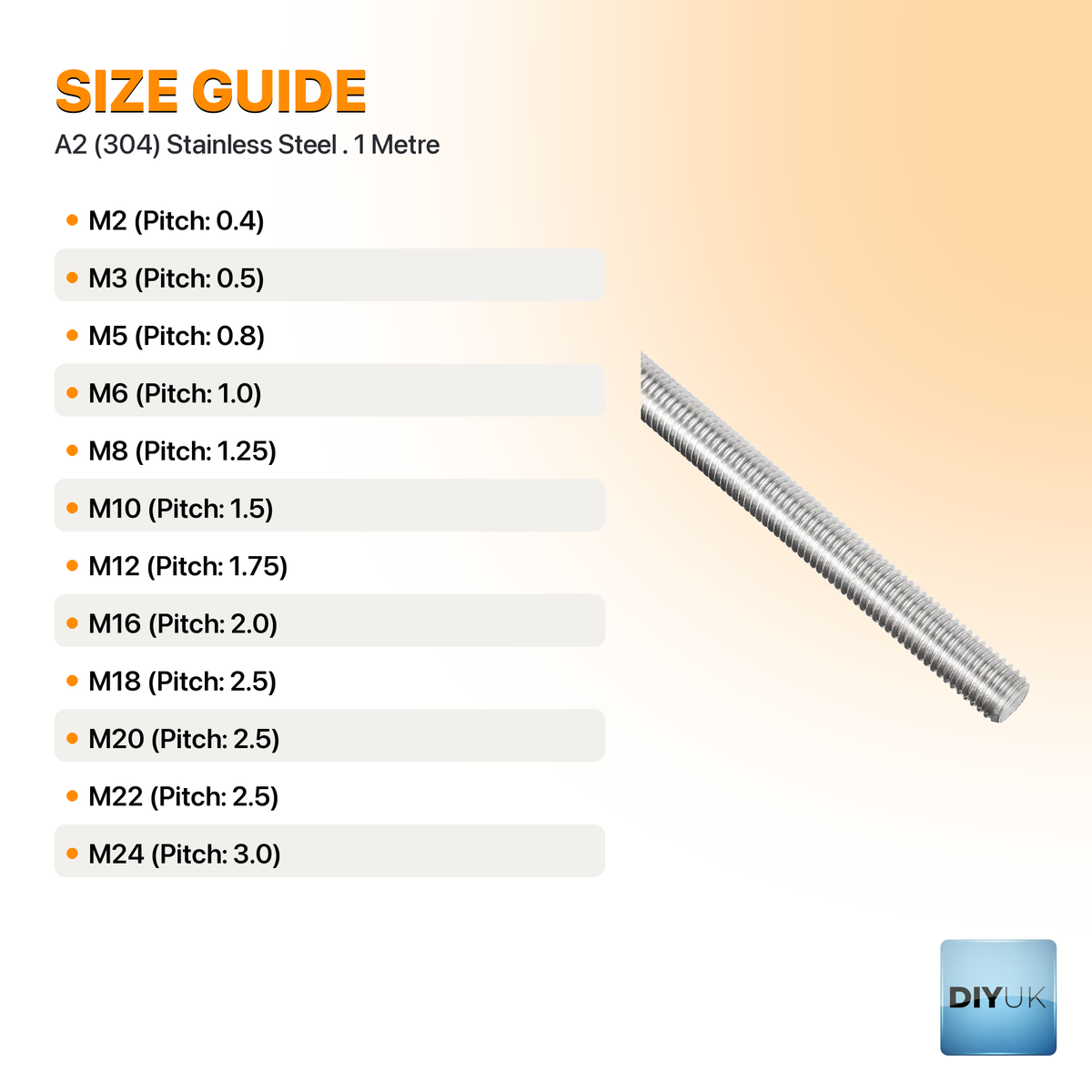1m Fully Threaded Rod A2 Stainless Steel DIN 976 Stud Bolt - size guide / specification table