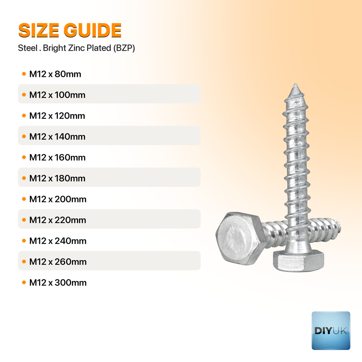 M12 (12mm) Hex Head Coach Screws - Heavy Duty BZP Timber Fasteners - size guide / specification table