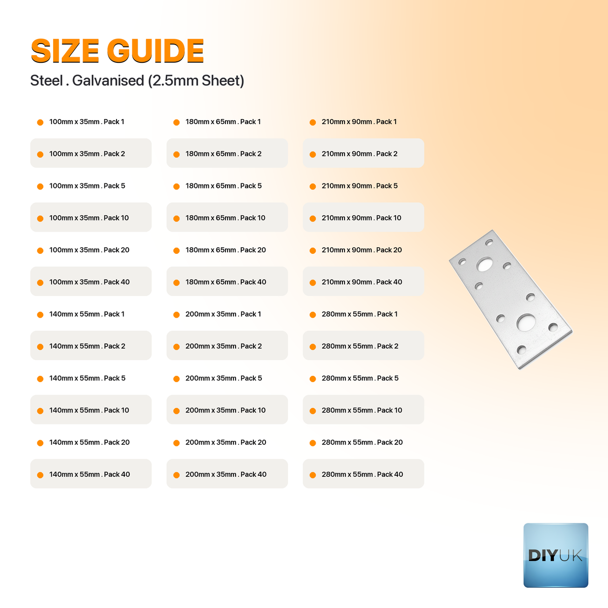 Flat Joining Plate 2.5mm Heavy Duty Galvanised Steel - specification table
