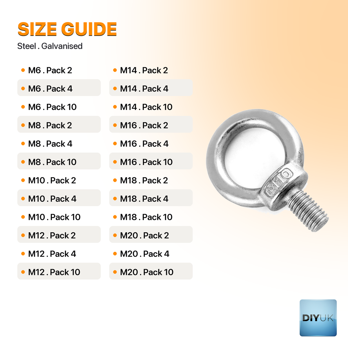 Heavy Duty Galvanised Lifting Eye Bolt - Male Thread (DIN 580) - specification table
