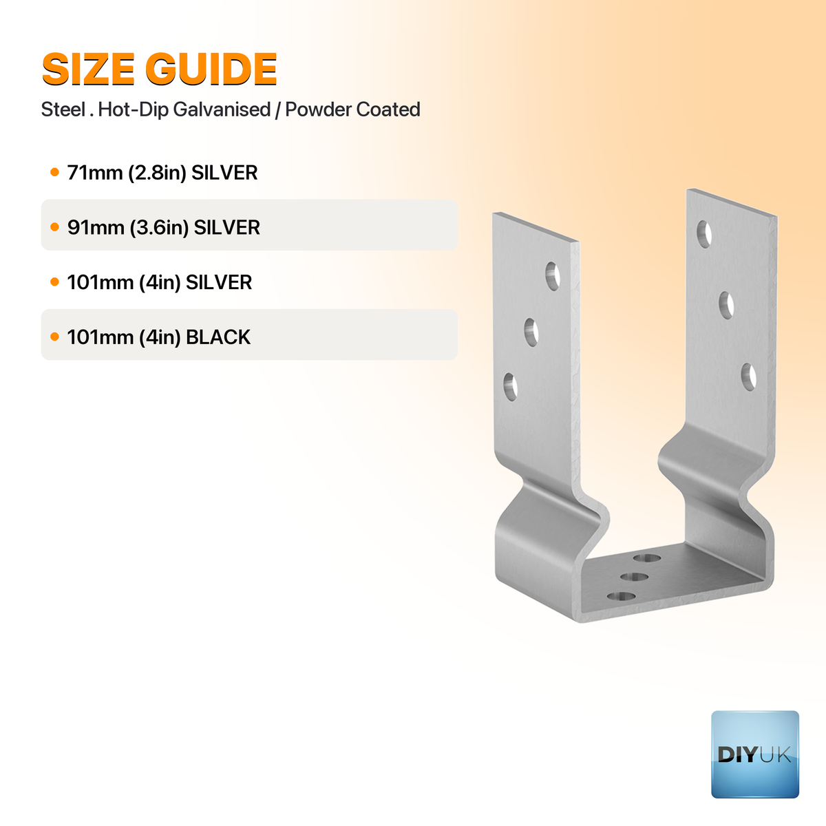 Heavy Duty 4mm Zinc-Plated U-Shape Bolt Down Fence Post Support Bracket - specification table