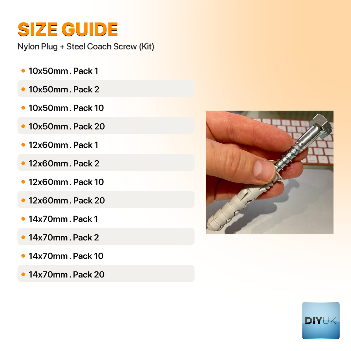 Heavy Duty Nylon Wall Plug & Hex Coach Screw Fixing Kit - specification table