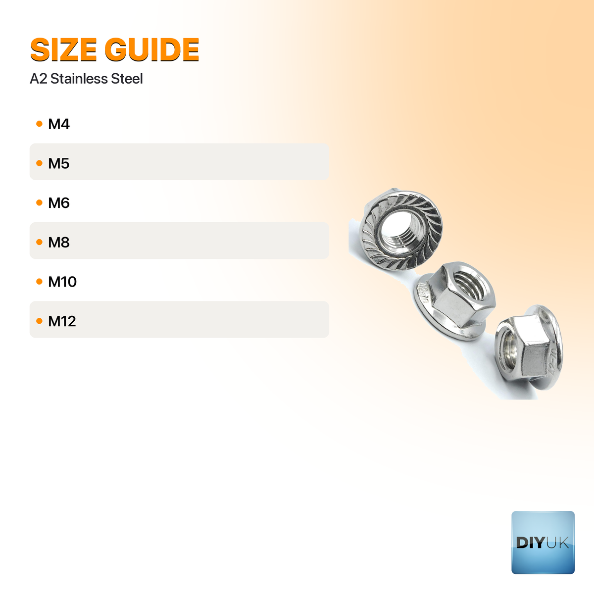 A2 Stainless Steel Serrated Flange Nuts - DIN 6923 Locking Nuts - size guide / specification table