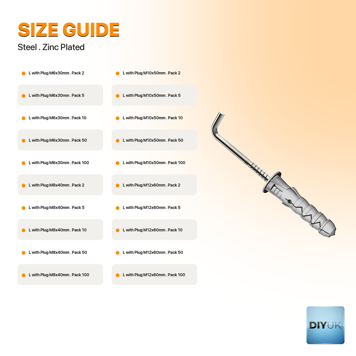 Heavy Duty L-Shaped Square Hook Screws with Wall Plugs - specification table