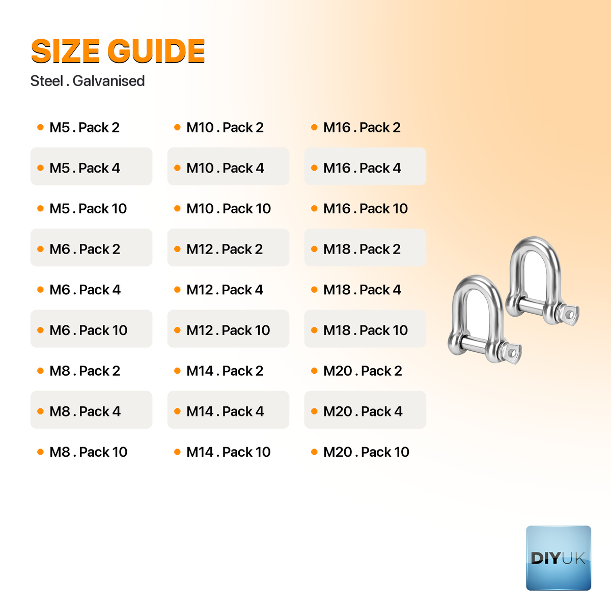 Heavy Duty Galvanised Steel D Shackles with Screw Pin Lock - specification table