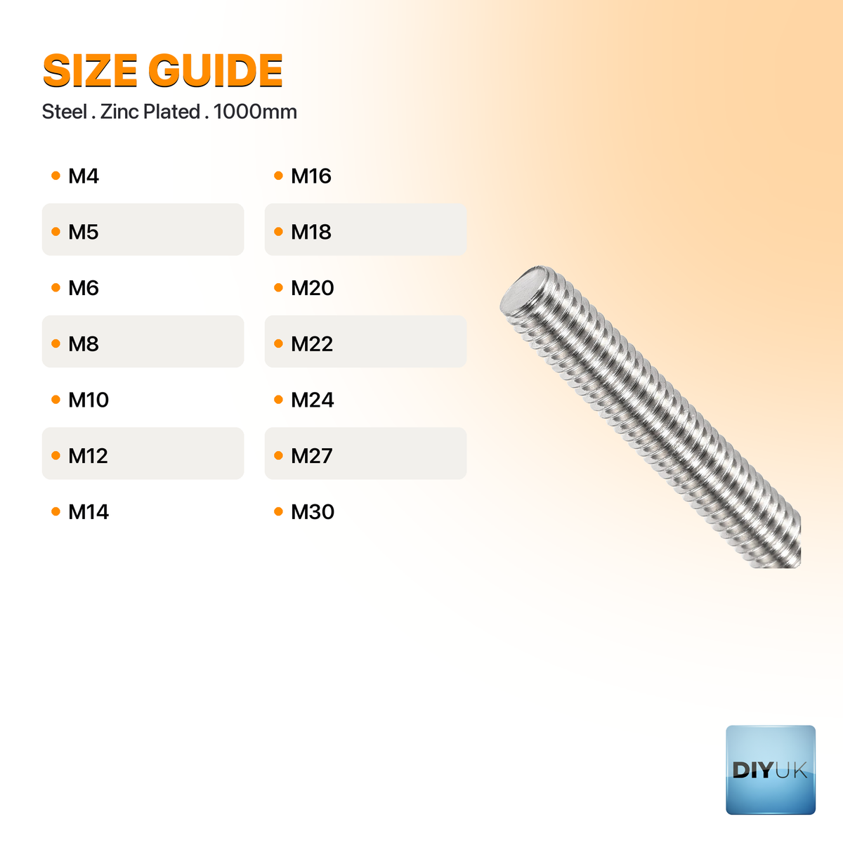Premium 1000mm Fully Threaded Steel Studding Bar - Zinc Plated (DIN 976) - size guide / specification table