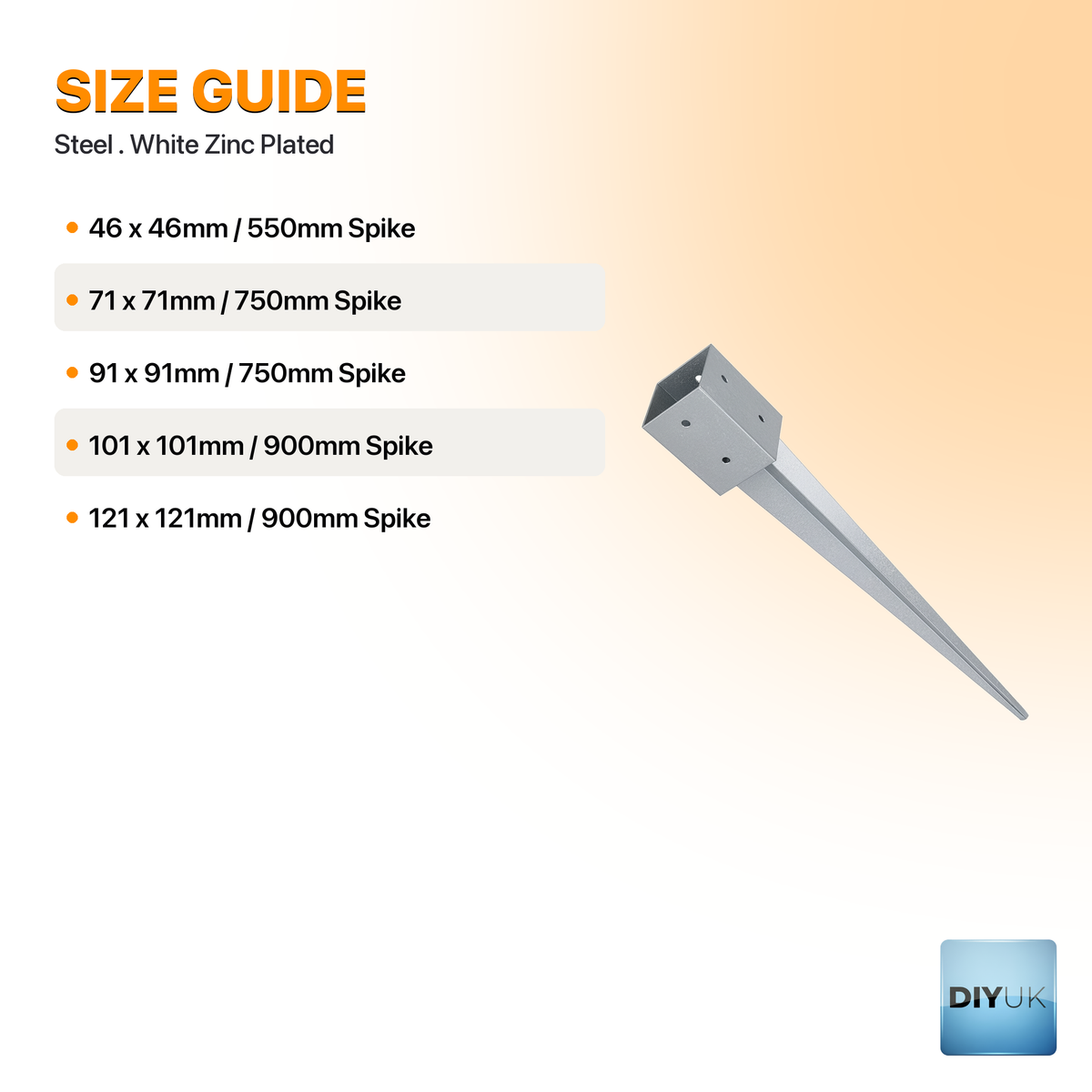 Heavy Duty Zinc-Plated Drive-In Fence Post Support Spike - specification table